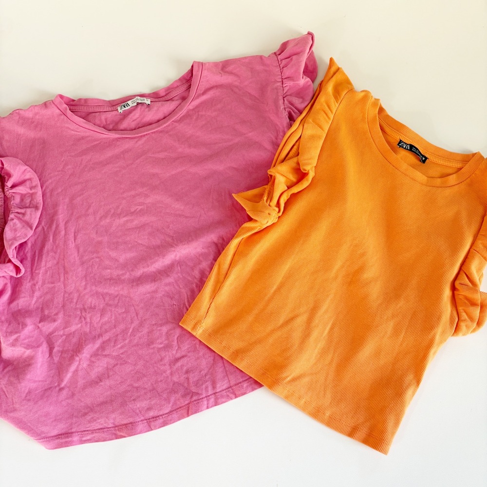 Zara Womens Bundle Lot Pink Orange Ruffle Flutter Sleeve Summer‎ Ribbed Tops L